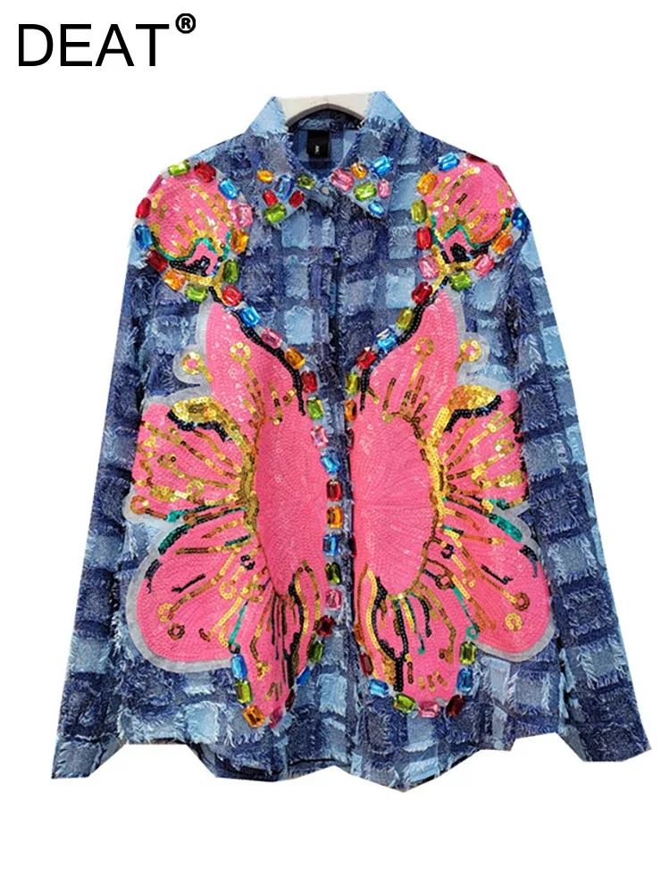 

Женская джинсовая рубашка в клетку DEAT, свободная однобортная блузка в стиле пэчворк с цветными блестками и бабочками, лето 2024