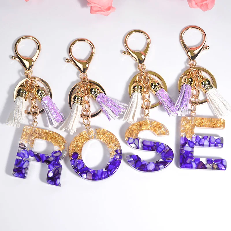 New Exquisite 26 Letters Resin With Gold Foil Keychains Charms Bag Pendant  For Women Tassel Key Rings Accessories - Key Chains - AliExpress