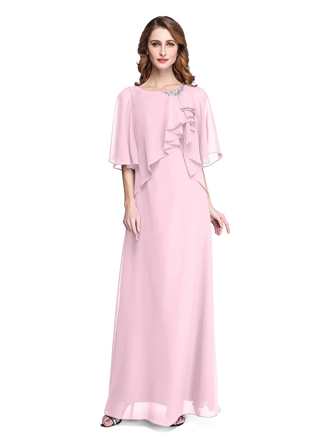 

Pillar Mother of the Bride Gown Elegant Backless Jewel Neck Floor Length Chiffon Half Sleeves with Ruched Beaded Ruffles