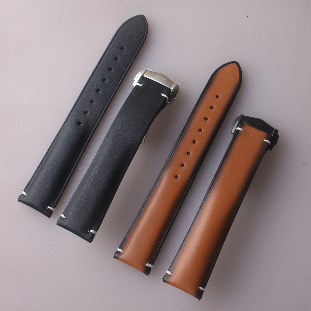 

Top Quality Genuine Cow Leather Watch Strap Watchband Smooth 20mm 22mm with special buckle silver stainless steel clasp bracelet