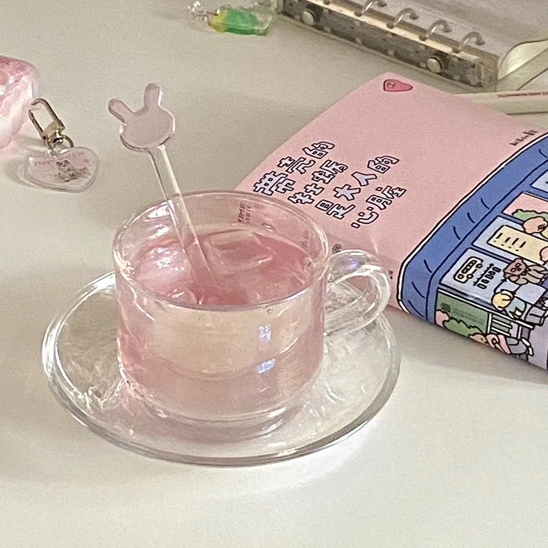

New Streaming Colorful Glass Cups and Saucers Food Grade Coffee Cups High Temperature Resistant Household Water Cups and Saucers