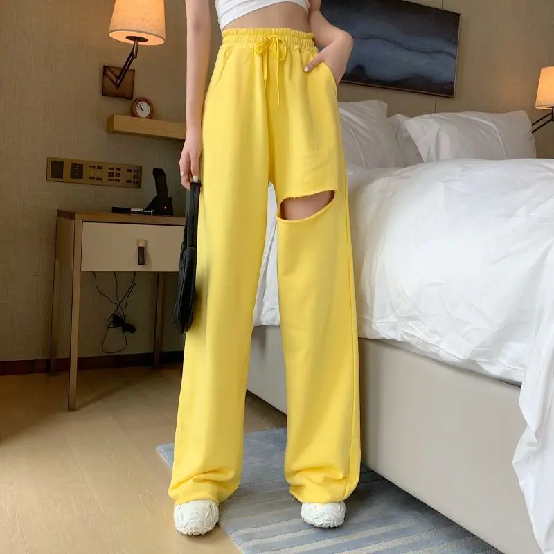 Loose Sports Casual Pants for Women's Summer New Style with Torn Holes Drooping Feeling Long Pants with Straight Legs Wide Legs