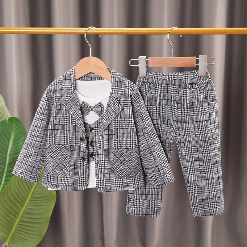 

2024 Spring Autumn Children Baby Clothes Kids Boys Full Plaid Suit T-shirt Pants 3Pcs/Set Toddler Fashion Cotton Clothing Infant