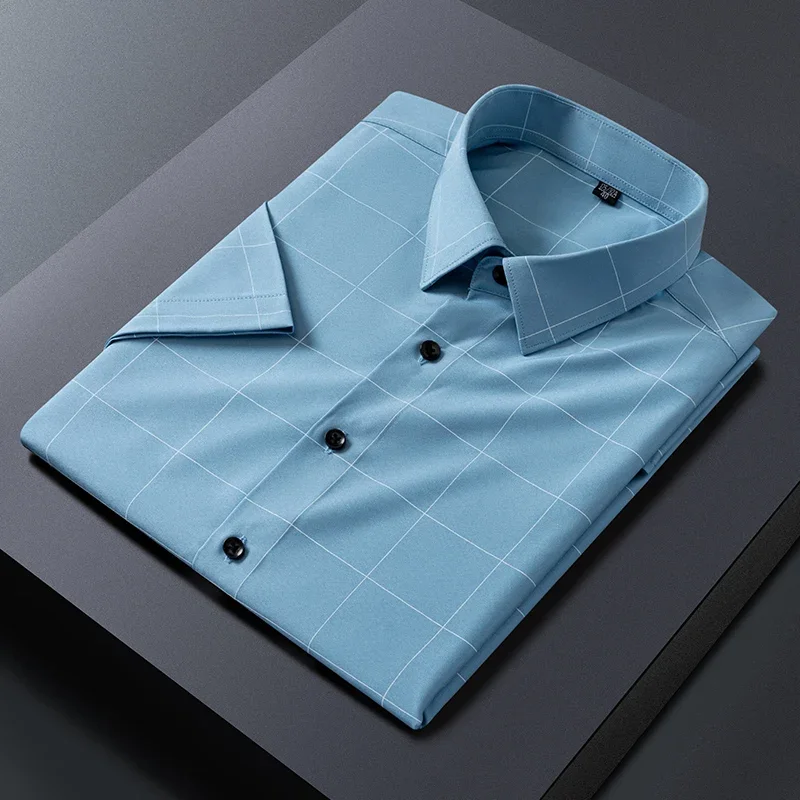 

S-5XL Korean Slim Fit Plaid Short Sleeve Shirts For Men's Soft Comfortable Design Young Thin Luxury Shirt Blouses Men Clothing