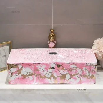 สีชมพูห้องน้ําอ่างล้างมือ Simple Retro เหนือเคาน์เตอร์อ่างล้างหน้า Art อ่างล้างหน้าเซรามิค Home Hotel ห้องน้ําอ่างล้างหน้าอ่างล้างหน้าเดี่ยว ZZ 2