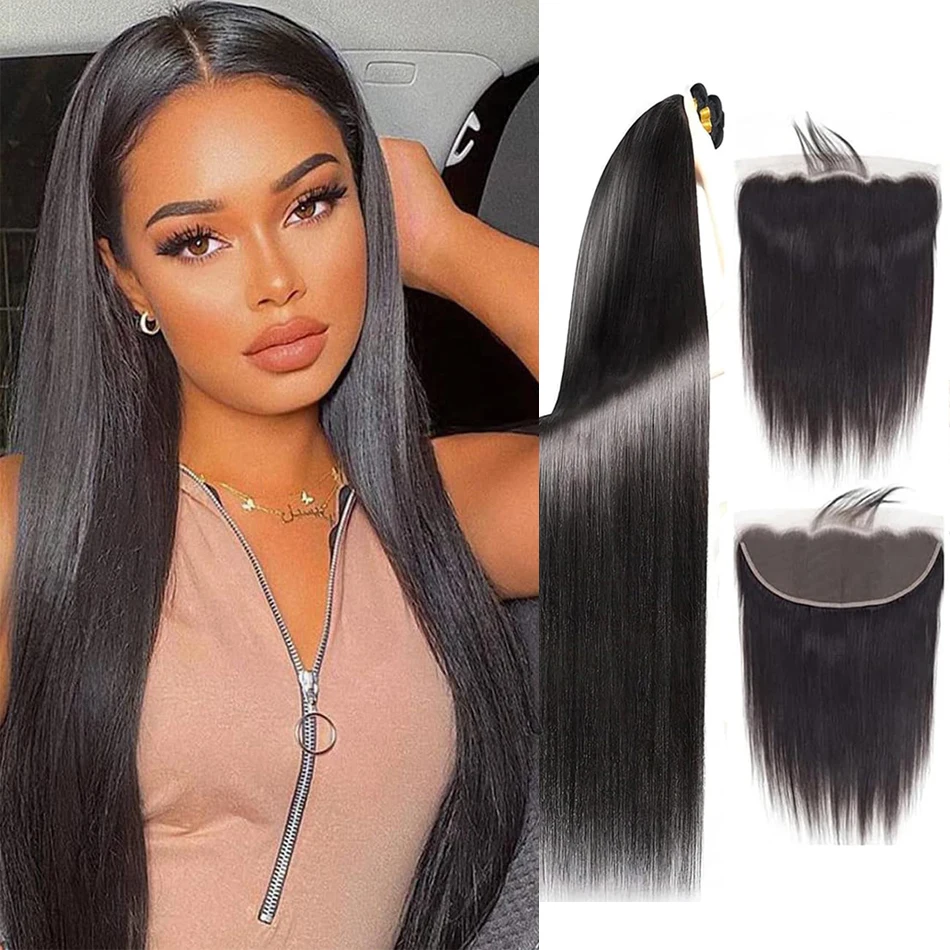 

3 Bundles with 13x4 Lace Closure Frontal Straight Human Hair 100% Unprocessed Brazilian Virgin Human Hair Bundles with Closure