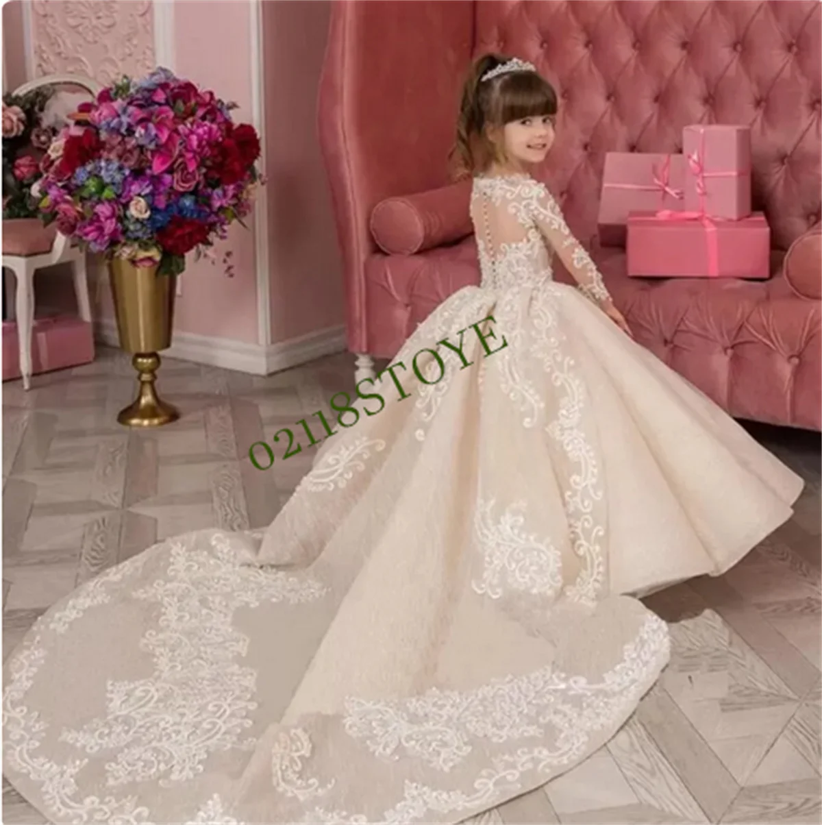 

New Champagne Girls First Communion Dress Applique Lace Long Sleeve Ball Gown Elegant Flower Girl Dress Wedding Party