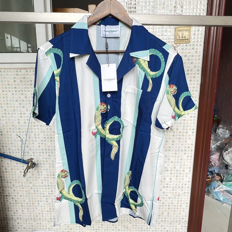 

Blue Stripe Green Snake Print Casablanca Short Shirt Men Women High Quality Hawaiian Beach Surf Shirt Top