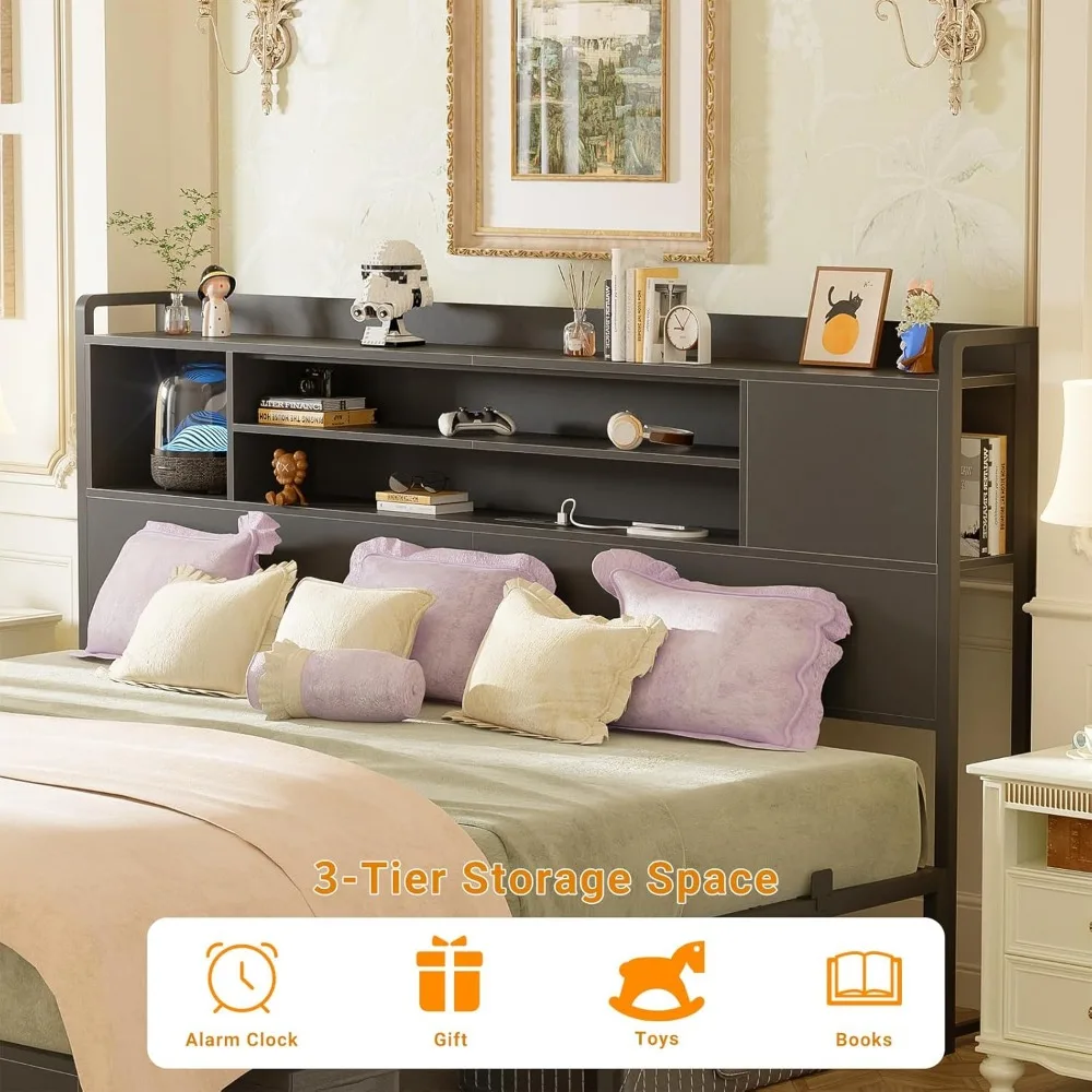 King Bed Frame with Headboard, King Size Metal Platform Bed Frame with Reversible Storage Bookcase Headboard,Noise Free, Black 6