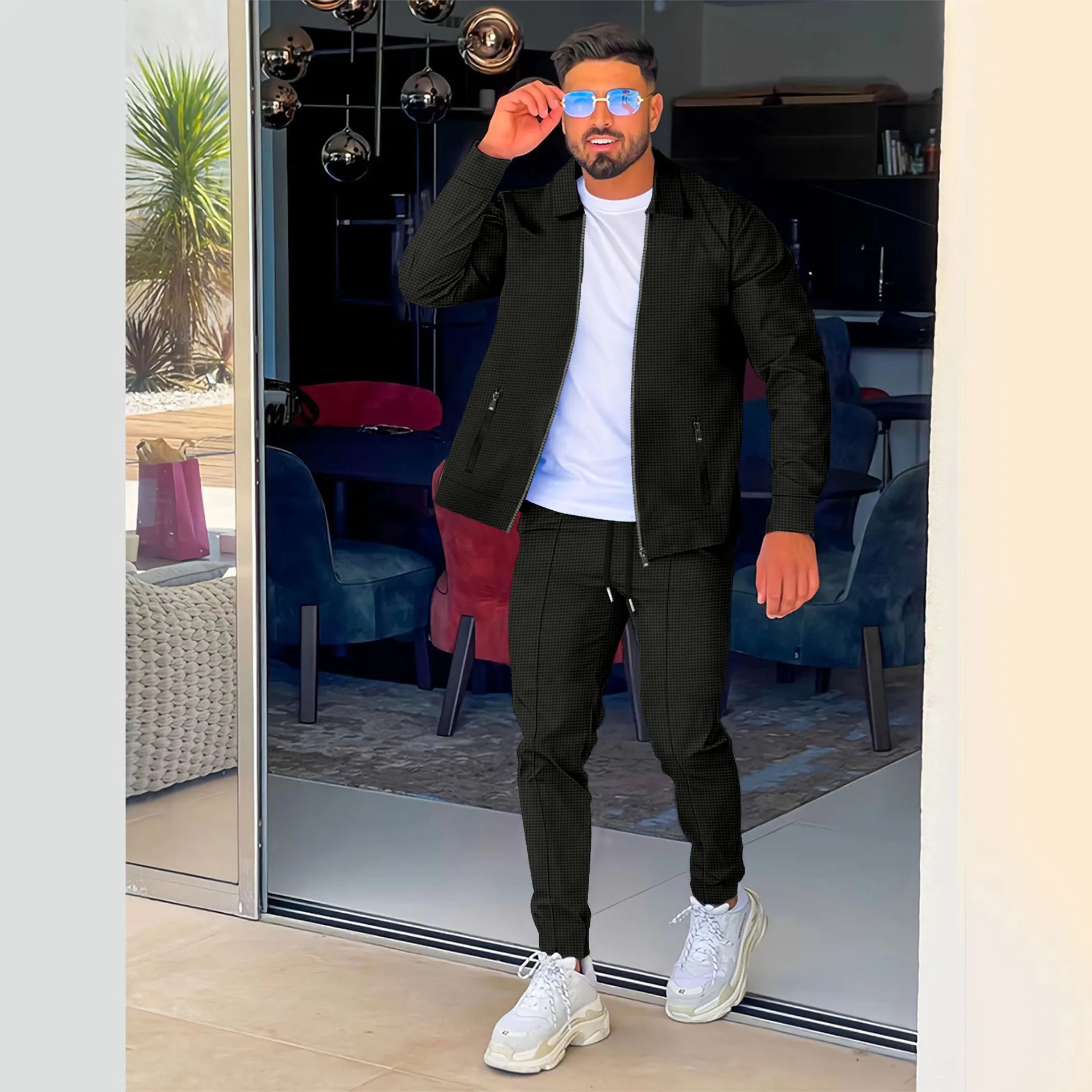 

Spring and Autumn new daily leisure sports 2024 men's solid color zipper jacket and matching waffle pants 2-piece set