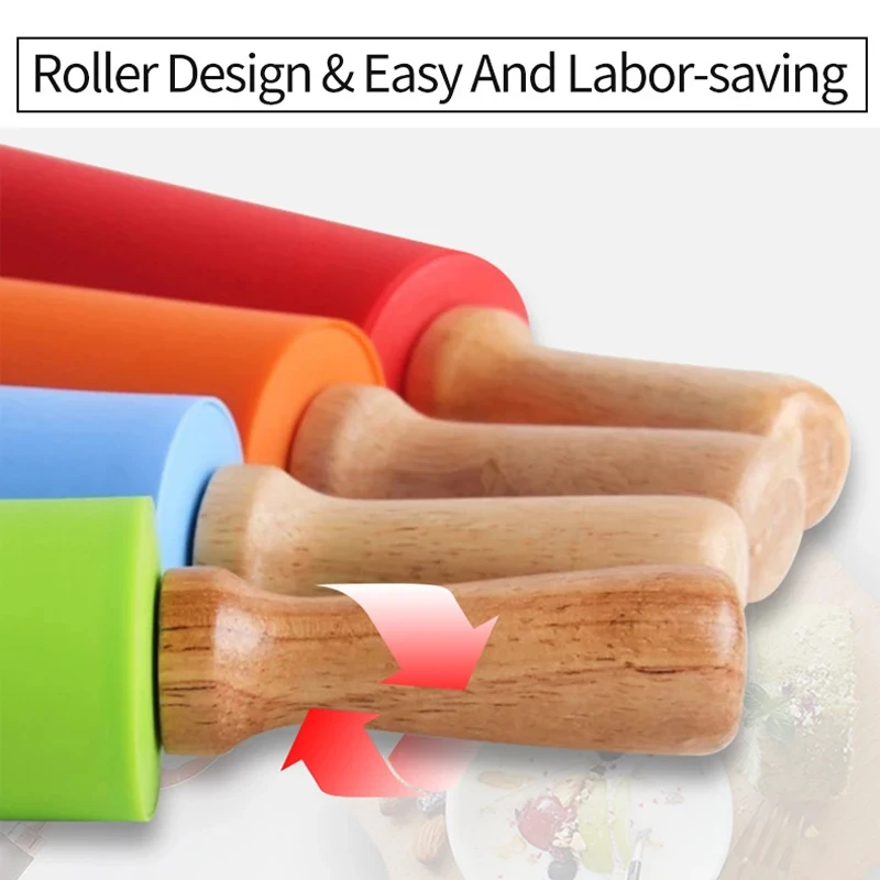 Non-Stick Silicone Rolling Pin Wooden Handle Pastry Dough Flour Roller Kitchen Cooking Baking Tool For Pasta Cookie Dough 1PC rolling pin