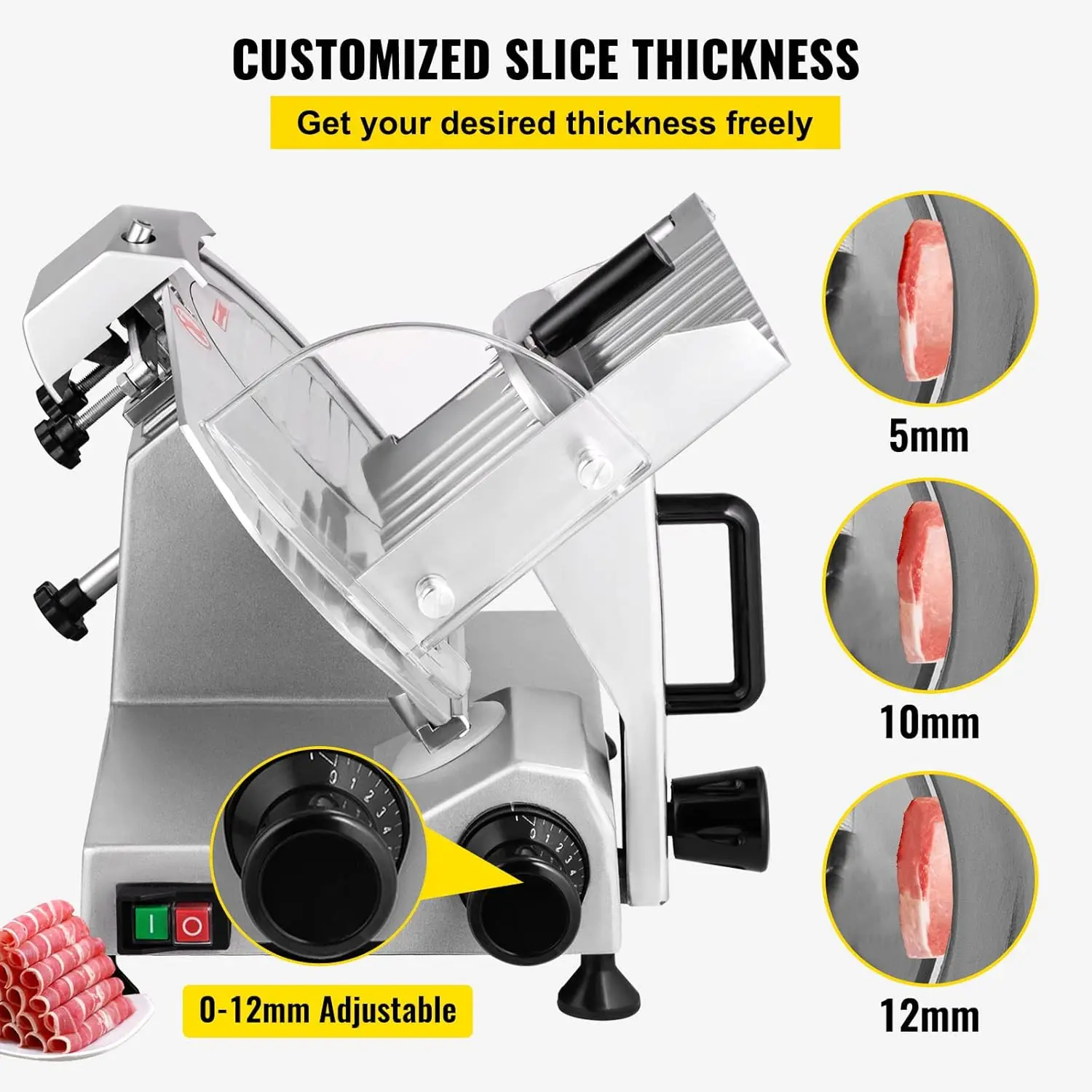Commercial Meat Slicer, 200W Electric Deli Food Slicer, 1200RPM Meat Slicer with 8.7“ Chromium-plated Steel Blade, 0-12mm Adjust 4