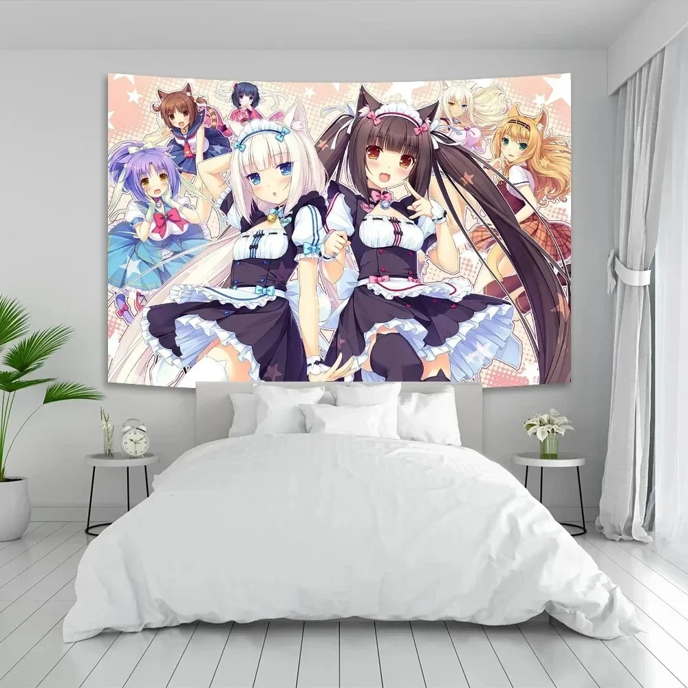 VIKAMA Nekopara Wandteppich mit Chocola- und Vanille-Motiv, Katzenmädchen-Maid-Design, perfekt für Kawaii-Dekor, Schlafzimmer-Wandgestaltung – Detail 4