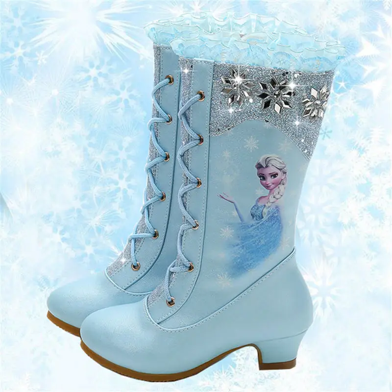 4-13 Years Old Teens Girls Botas Disney Frozen 2 Elsa Boots Kid Princess Cosplay Snow Boots Children\'s Winter Boot Sky Blue Pink