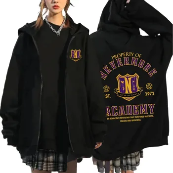 معاطف سويت شيرت هاراجوكو بسحاب من Nevermore Academy Wednesday Addams بسحاب كبيرة الحجم 4