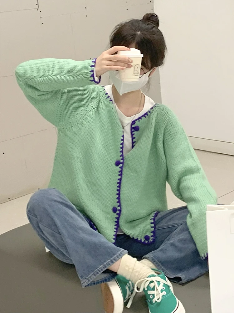 O넥 긴팔 패널 가디건, 루즈한 한국 스타일, 미니멀리스트 오피스 레이디, 데일리 용수철, 고급스러운 스타일리시 인스타 감성 패션, 가을