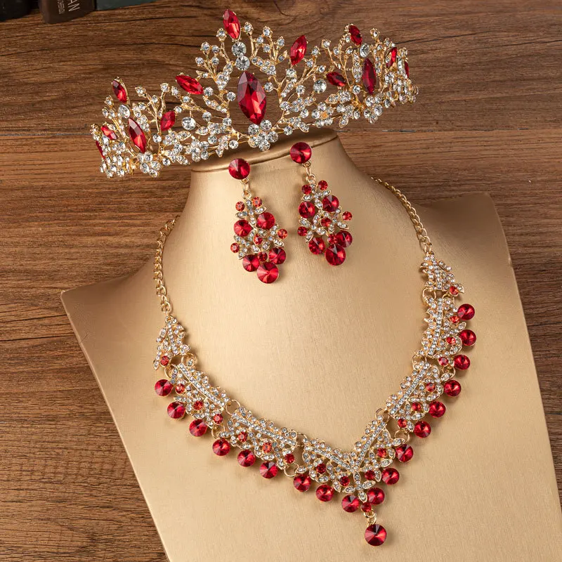 Crown Tiaras Bride Set Necklace Earring Red Necklace Earrings Jewelry