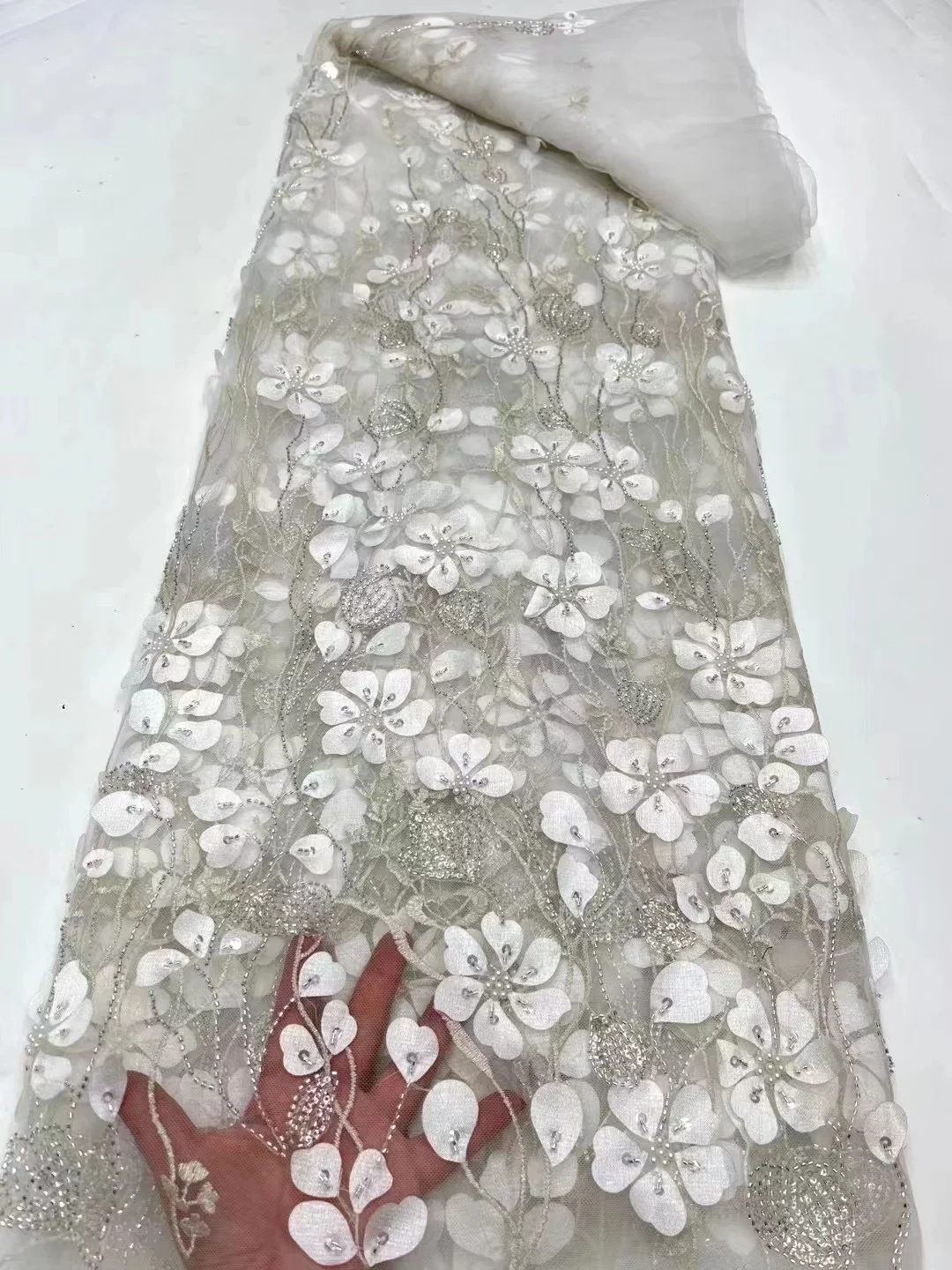 

White African Lace Fabrics Shiny Sequins Beads French Tulle Mesh Embroidery Wholesale 3D Lace Fabric For Wedding Dress