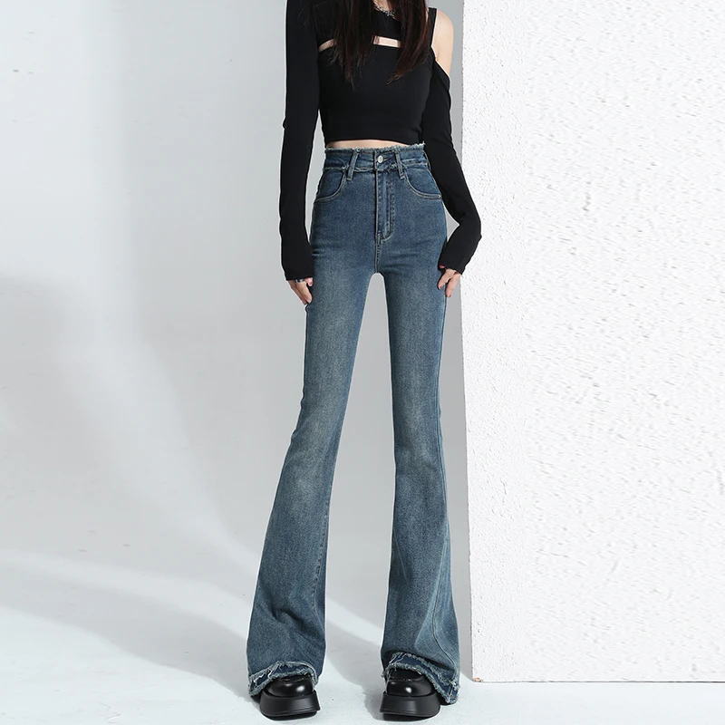 

Vintage Flare Jeans Women Korean Style Chic Slim Fashion Elastic Denim Elegant Streetwear Full Length Lady Trousers Spring 2023