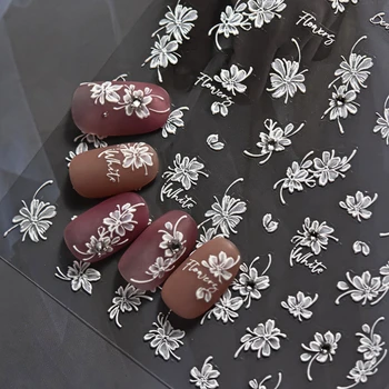 White Flowers Shiny Rhinestone Pearl 3D Self Adhesive Nail Art Decorations Stickers Bowknot Butterfly Manicure Decals Wholesale 1