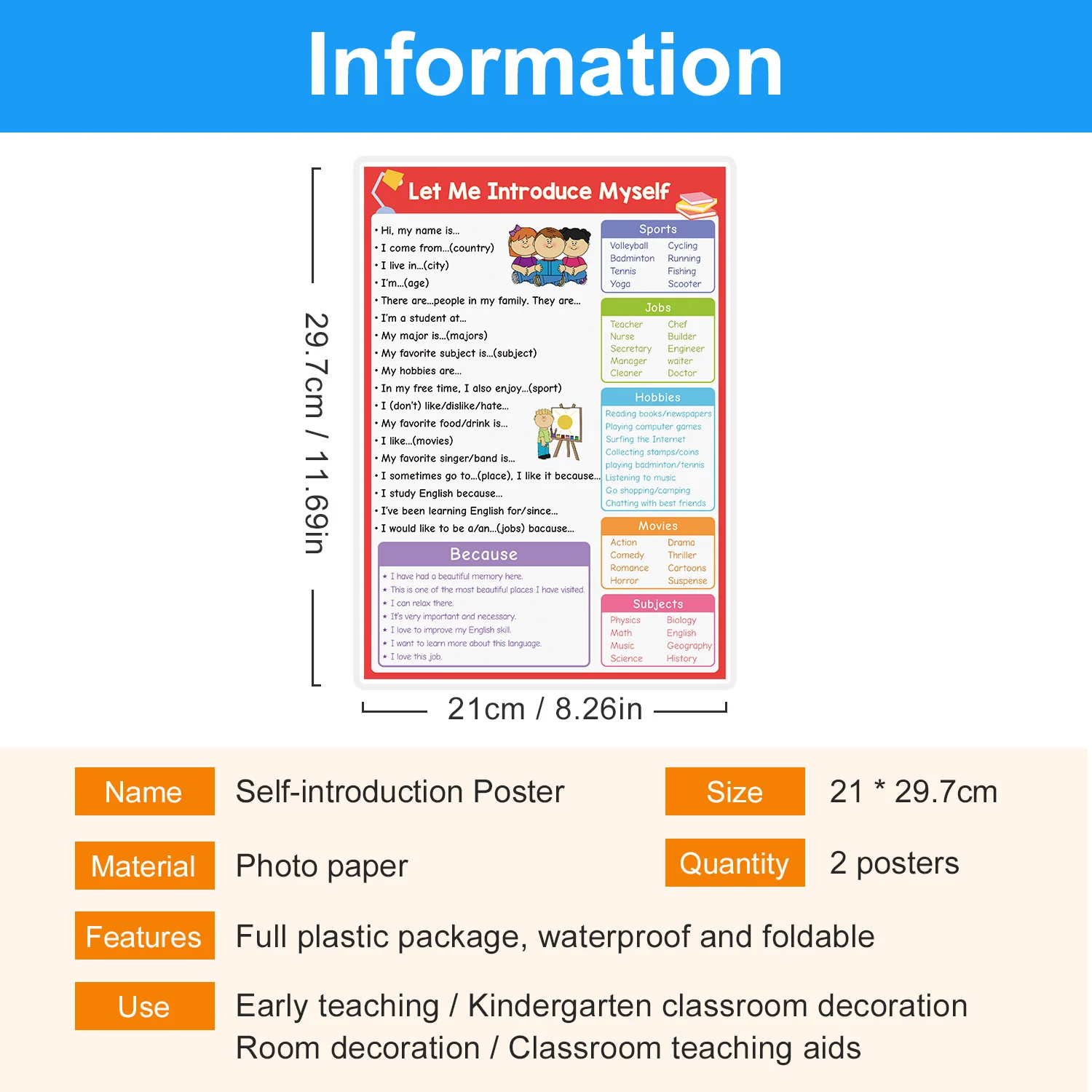 English Self-introduction Poster English Teaching Aids Classroom Decoration Educational Toys Learning Flashcard Montessori Toy 2