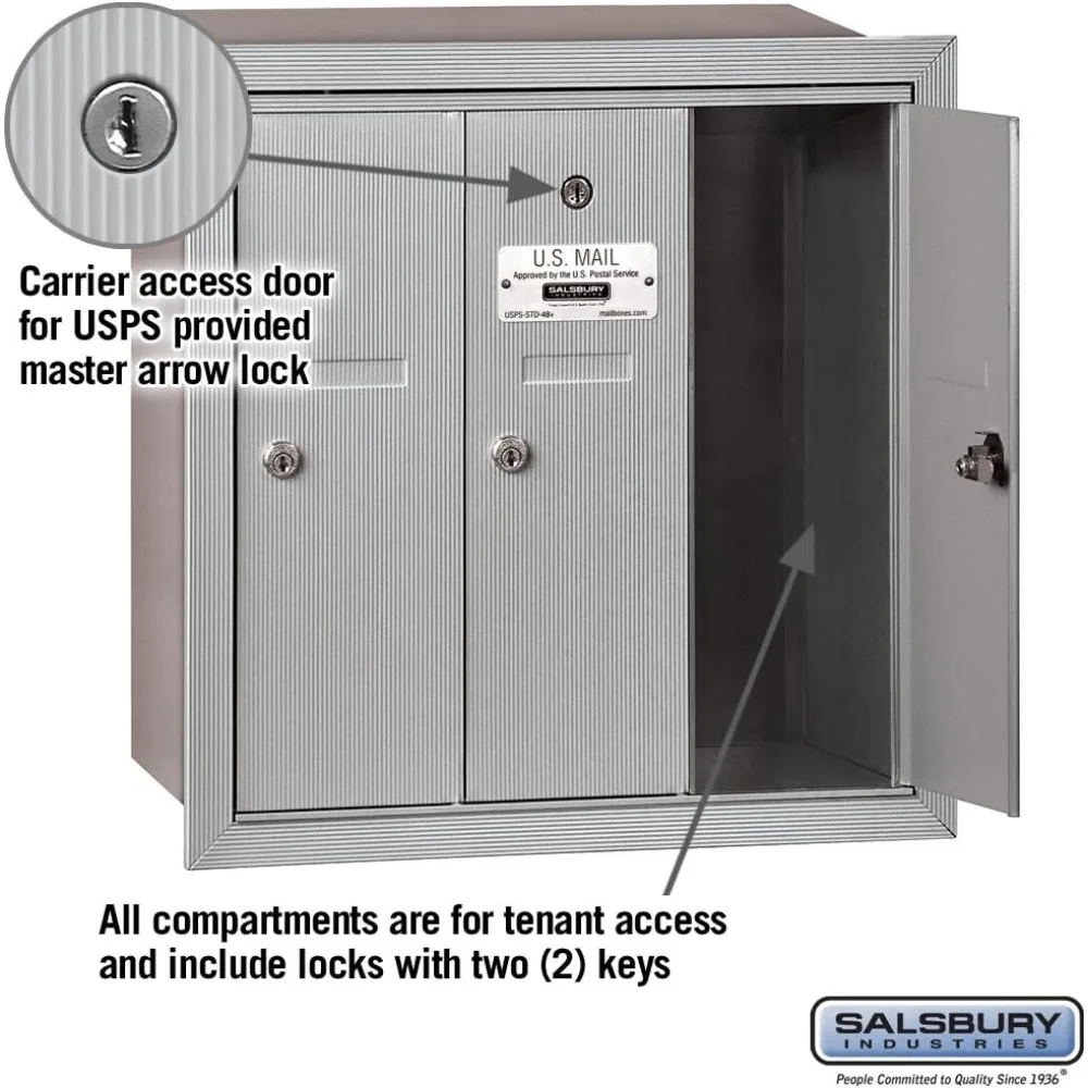 3503ARU Recessed Mounted Vertical Mailbox with 3 Doors and USPS Access, Aluminum 2