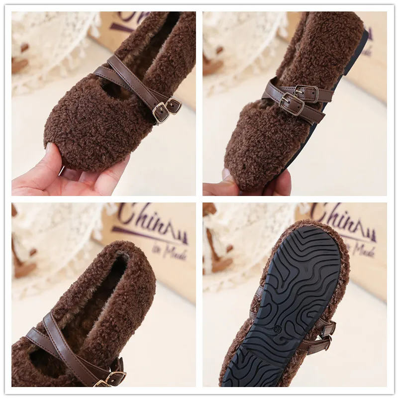 Girls Fuzzy Ballet Flats Soft Sole Non Slip Winter Shoes