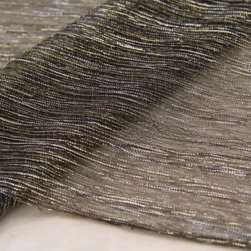 Thin Black Gold Silver Silk Pleated Three-dimensional Striped Elastic Mesh Clothing Fabric Pleated Glossy Dress Wedding Designer