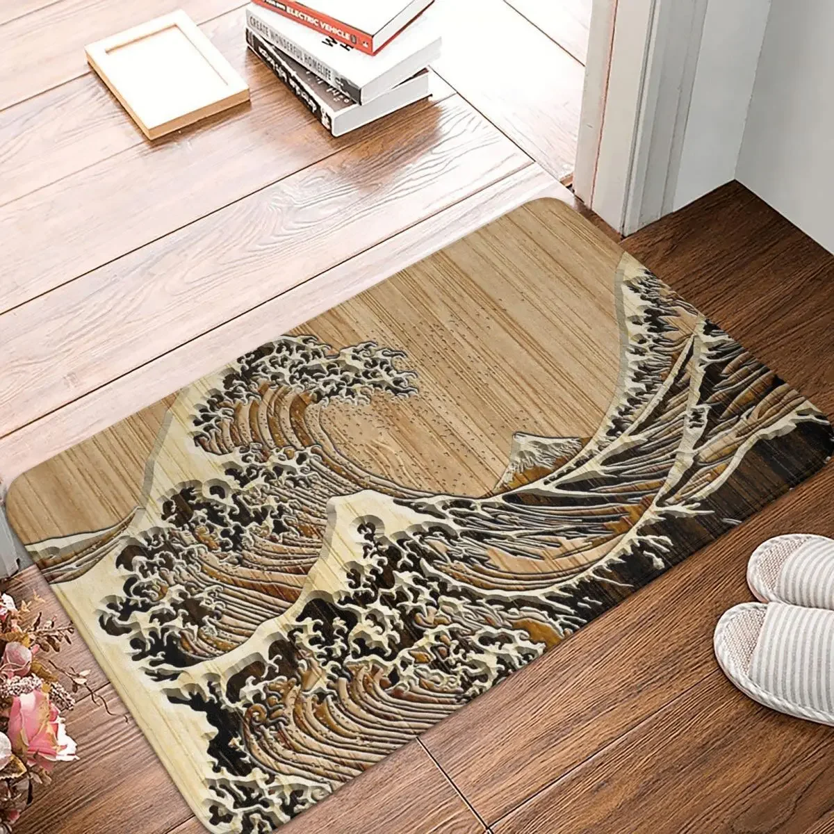 

The Great Hokusai Wave In Bamboo Inlay Style Doormat Rug Carpet Mat Footpad Polyester Front Room Corridor Kitchen Balcony Toilet