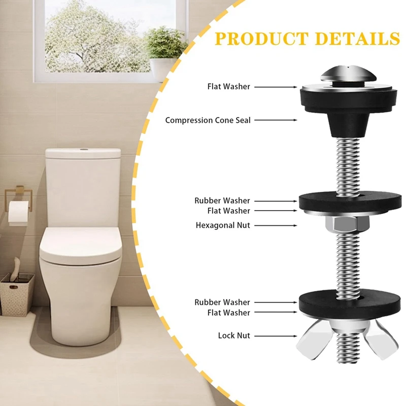 4PCS Universal Toilet Tank To Bowl Bolts Kit, Heavy Duty, Waterproof Stainless Steel With Extra Long Nut Screw