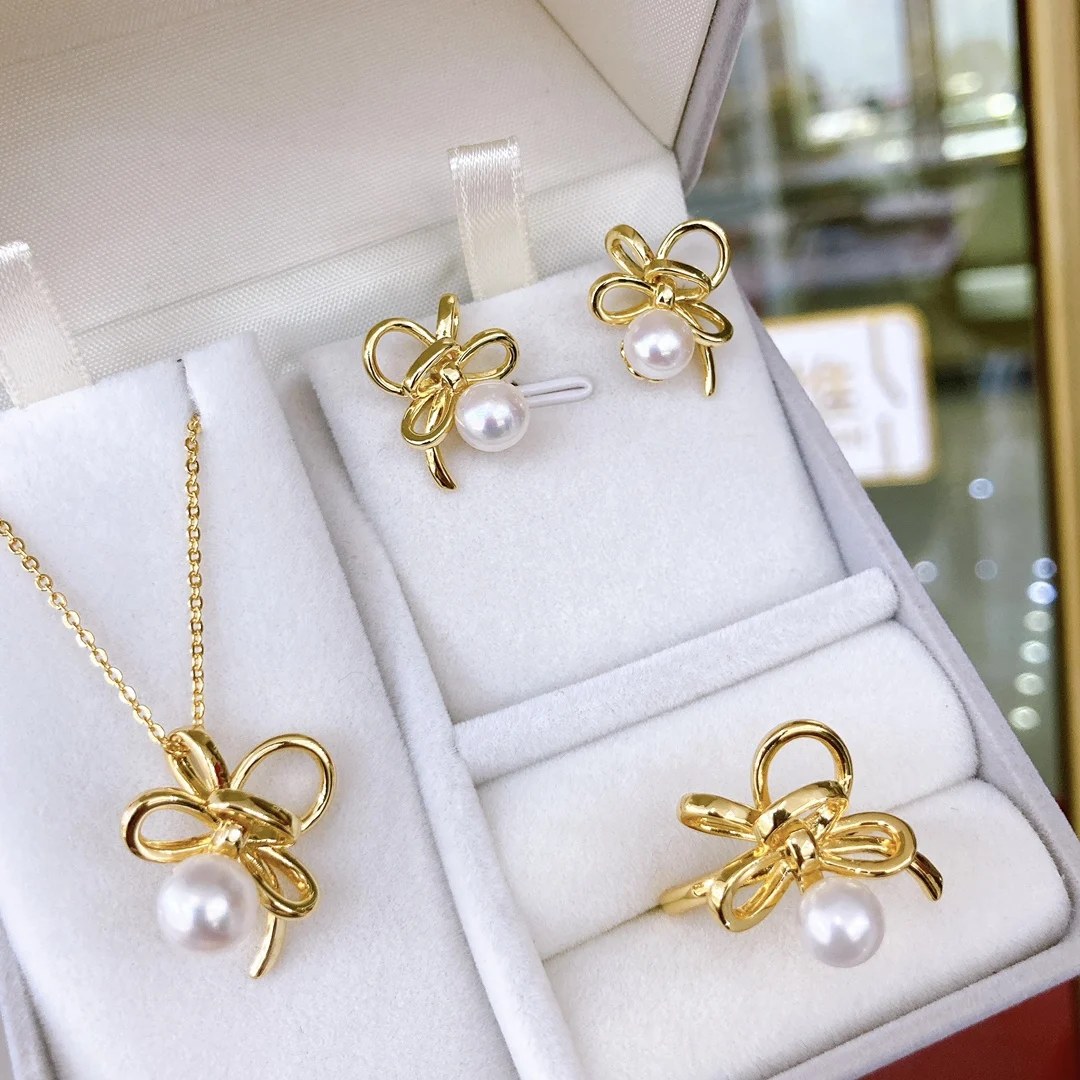

2022 Butterfly Design Natural Pearl 3Pieces Jewelry Set White Natural Freshwater Pearl Stud Earrings/Rings/Charm Pendant Set
