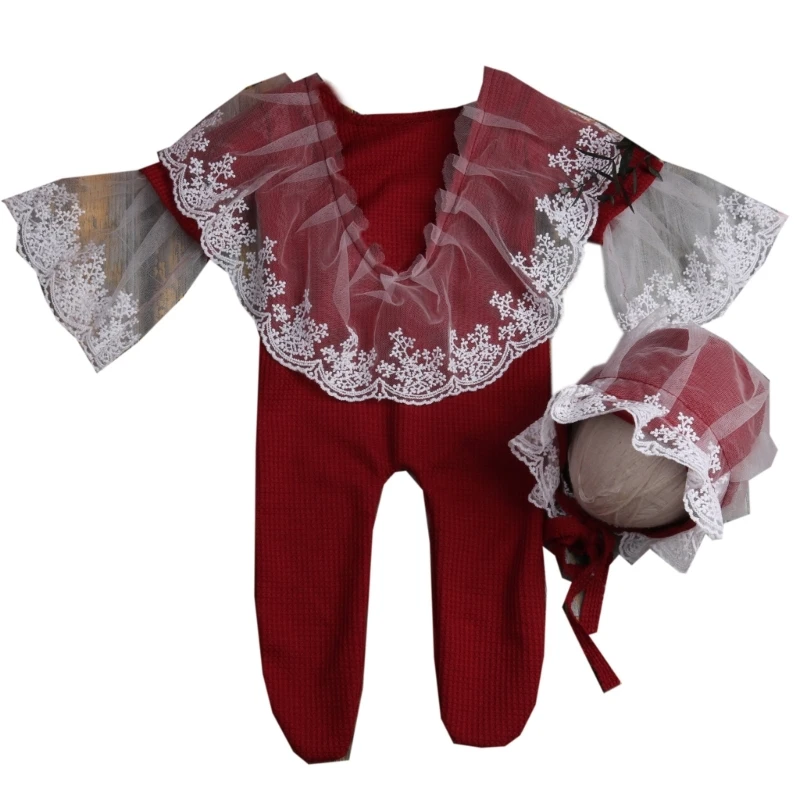 

Christmas Newborn Photography Prop Girl Lace Outfit Romper Hat Accessory Set Dropship