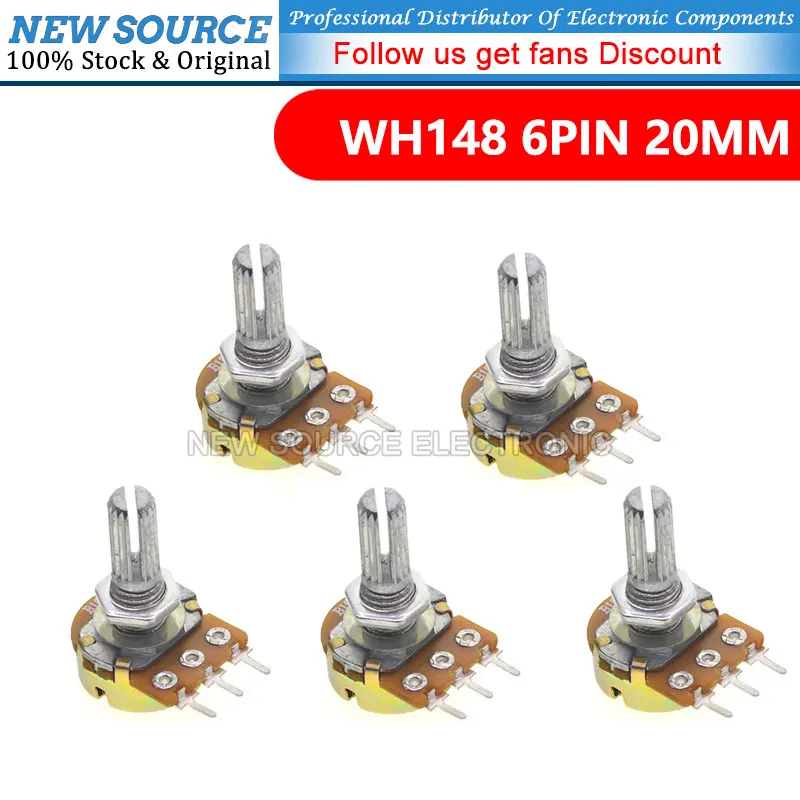 5pcs WH148 B1K B2K B5K B10K B20K B50K B100K B500K 3Pin 20mm Shaft Amplifier Dual Stereo Potentiometer 1K 2K 5K 10K 50K 100K 500K 5pcs rv097ns 15mm 8pin b10k b50k b100k 10k 50k 100k with a switch audio 8pin shaft 15mm amplifier sealing potentiometer