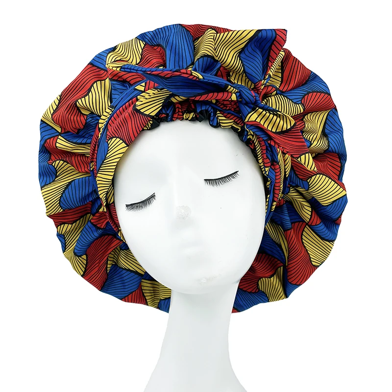 New African Ankara Pattern Satin Linned Bonnet Women Long Ribbon Headwrap Double Layer Headscarf Big Size Adult Hair Cover 3