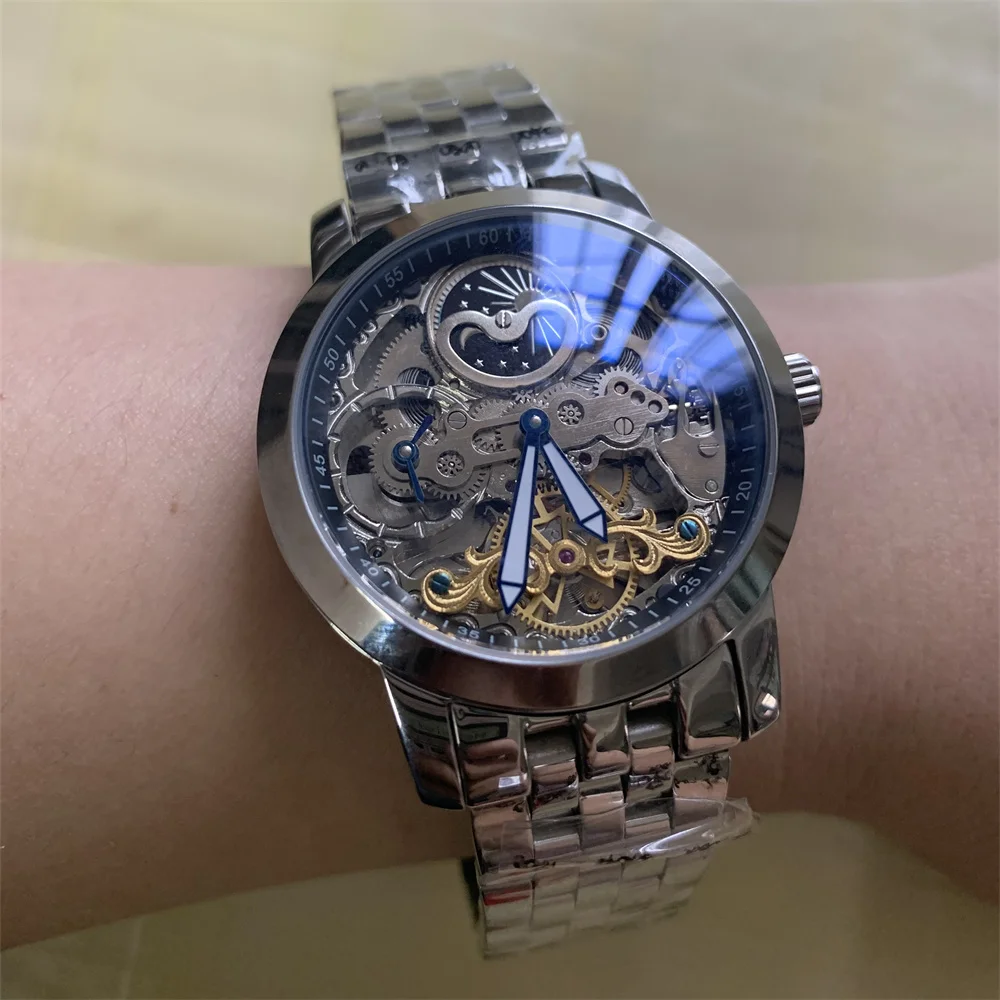 

Clearance Sales Brand Men Self-winding Watches Real Stainless Steel Businessmen Wrist watch Automatic Skeleton Watch Moon Phase