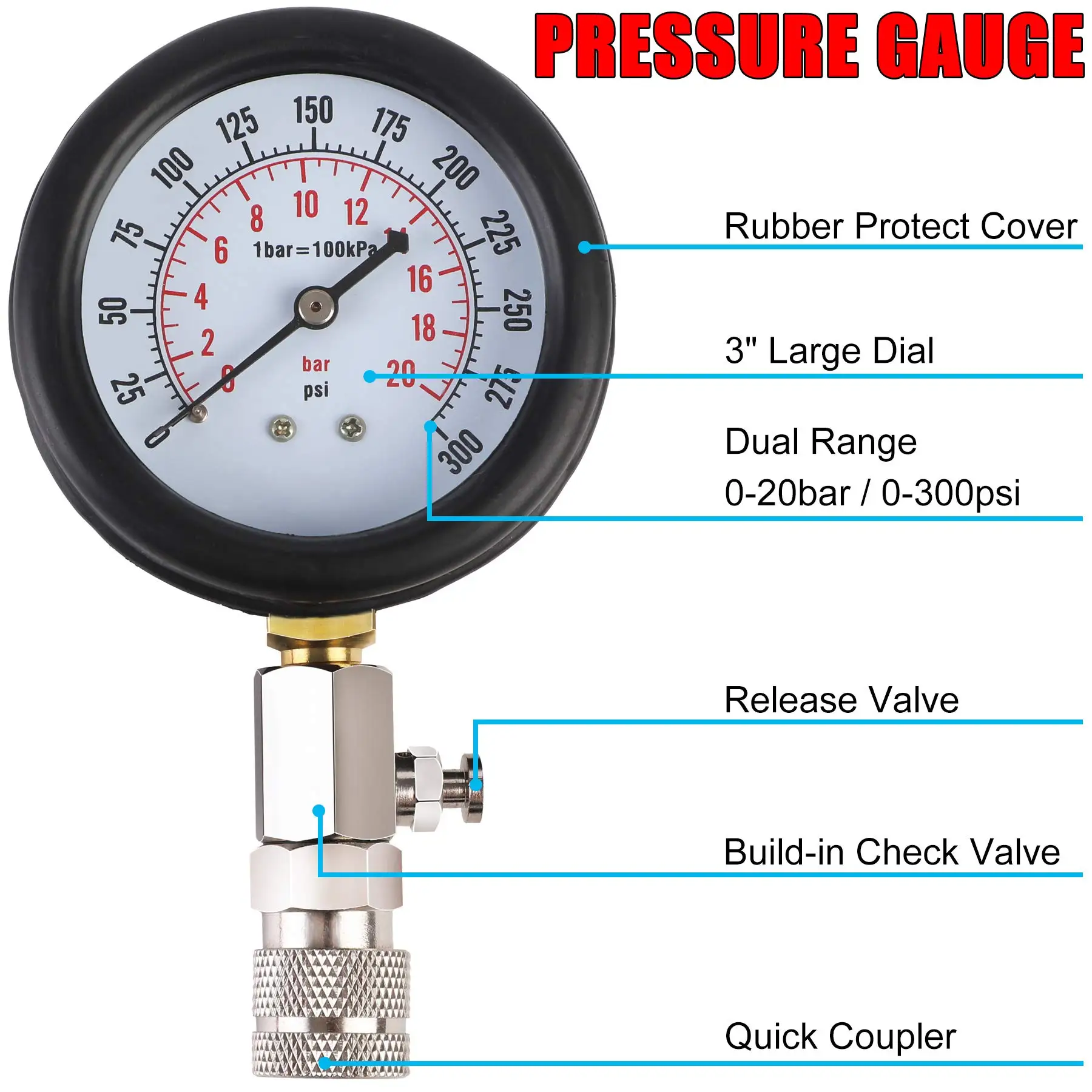 Compresseur De Test Moteur 0-300 PSI / 0-20 Bar - Avec 5 Adaptateurs (M10 à M18) Pour Voiture, Moto, Tondeuse - Diagnostic Problèmes Mécaniques