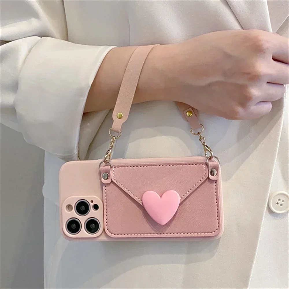 Love-Shaped Cross-Body Strap with Card Holder - Impact-Resistant Phone Case