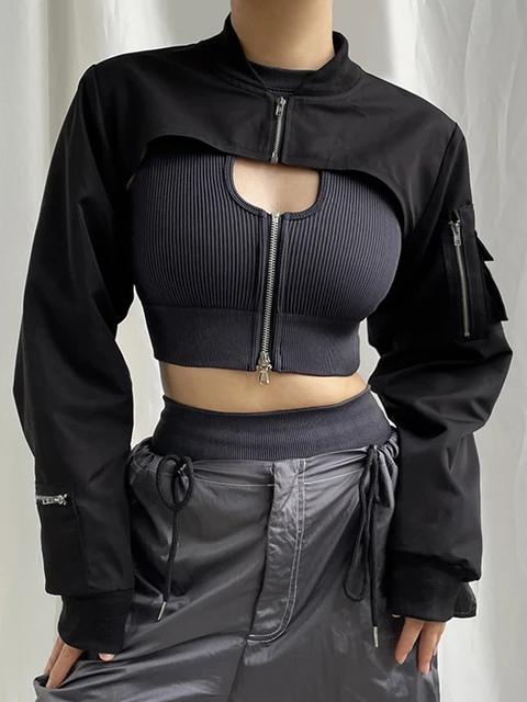 Women 2023 Fashion Personality Crop Tops Solid Color Stand Collar Long  Sleeve Zipper Short Jacket Pockets