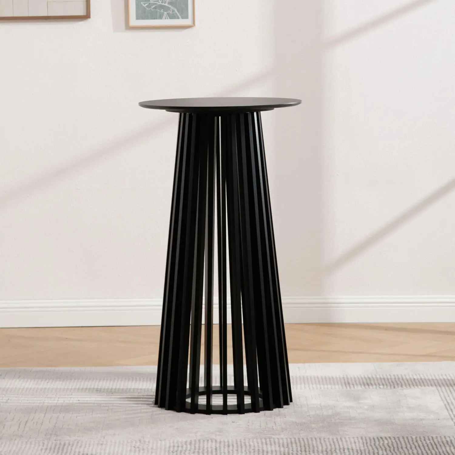 43.5" High Round Bar Table, Modern Wood Cocktail Table with Columnar Wooden Strips Base, Stylish Pub Table for Bistro Parties 6