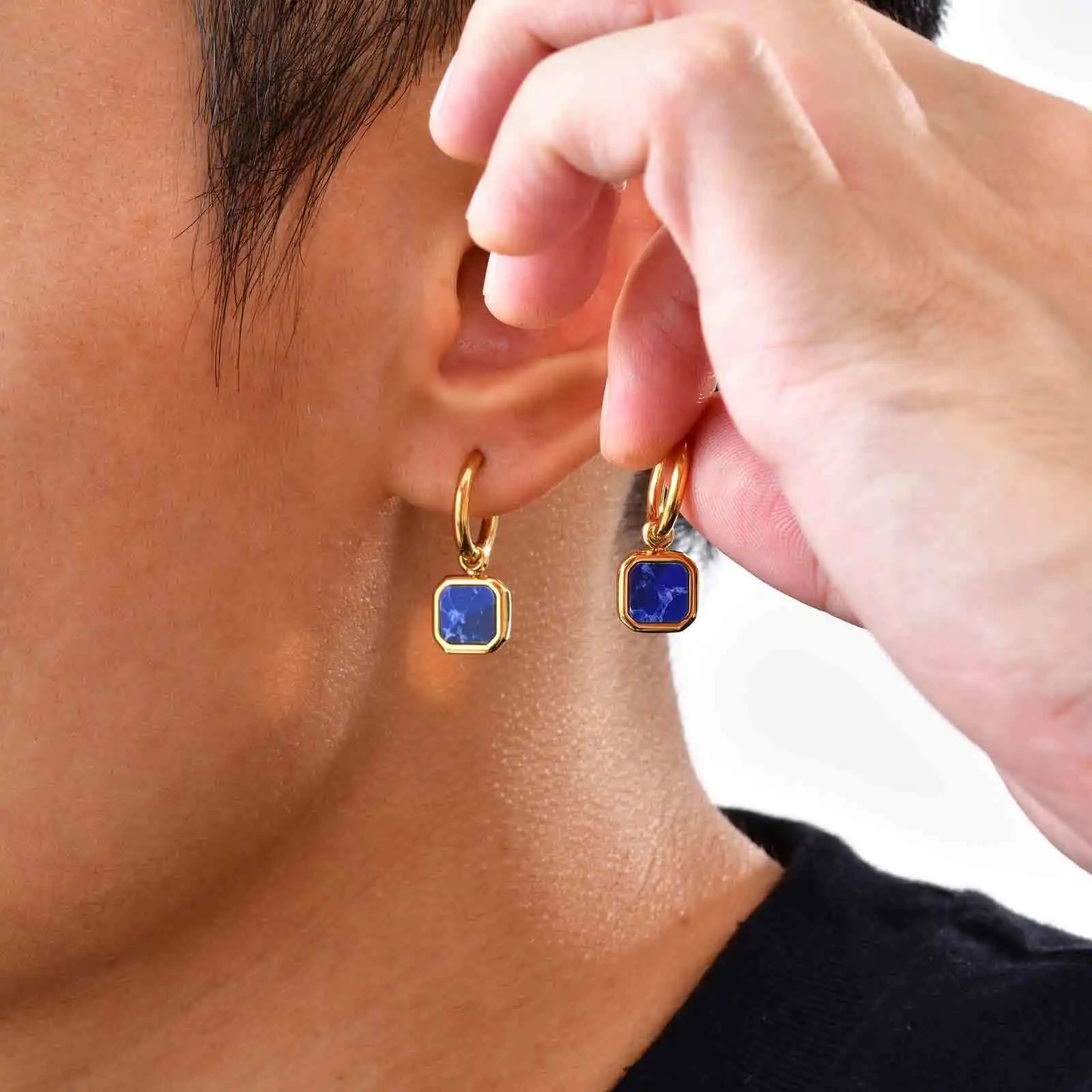 Stylish Men's Huggie Hoop Earrings,Trendy Natrual Stone Stainless Steel Square Ear Drop,Luxury Birthday Party Anniversary Gift