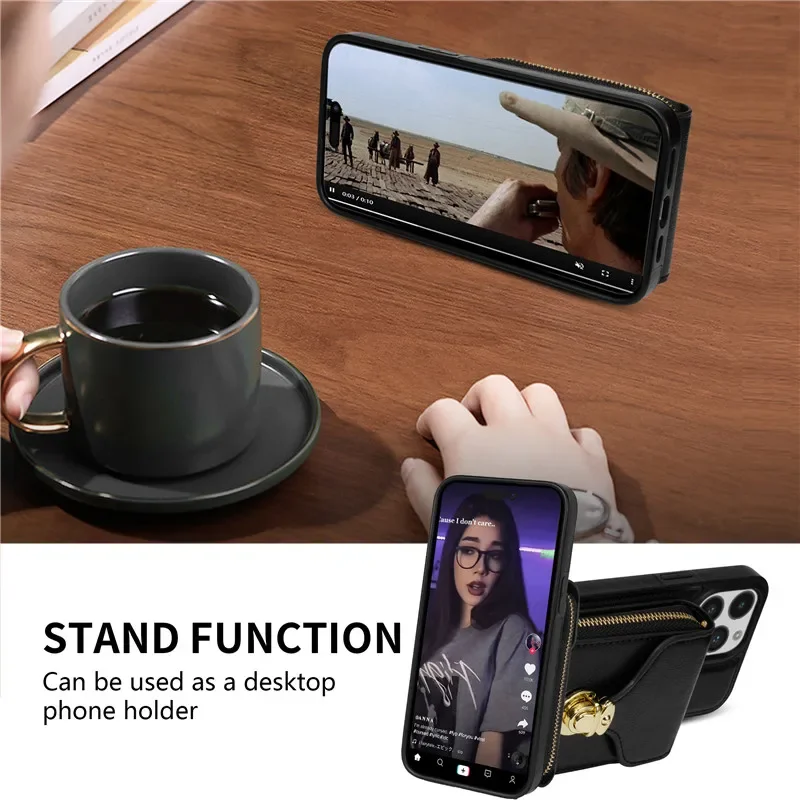 Leather Crossbody Lanyard Wallet Phone Case with Zipper and Flip Stand Cover