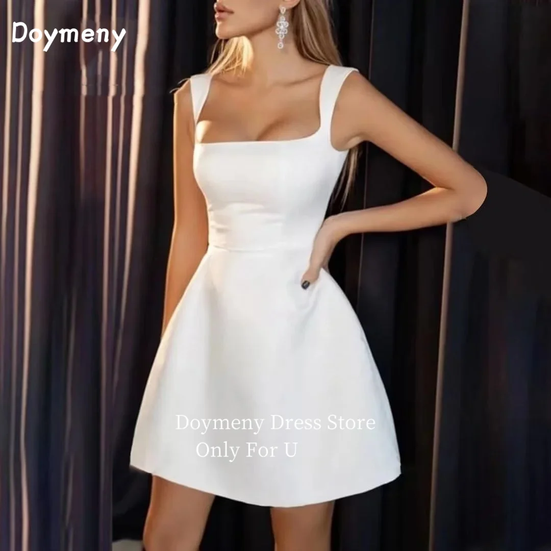 

Doymeny Straps Wedding Dress Satin Square Sleeveless A-line Simple Short Bridal Wear Vestido De Novia فستان حفلات الزفاف