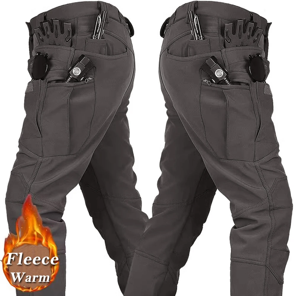 Men's Winter Pants Outdoor Windproof Waterproof Workwear Sharkskin Thick Tactical Trousers Fleece Warm Multi Pockets