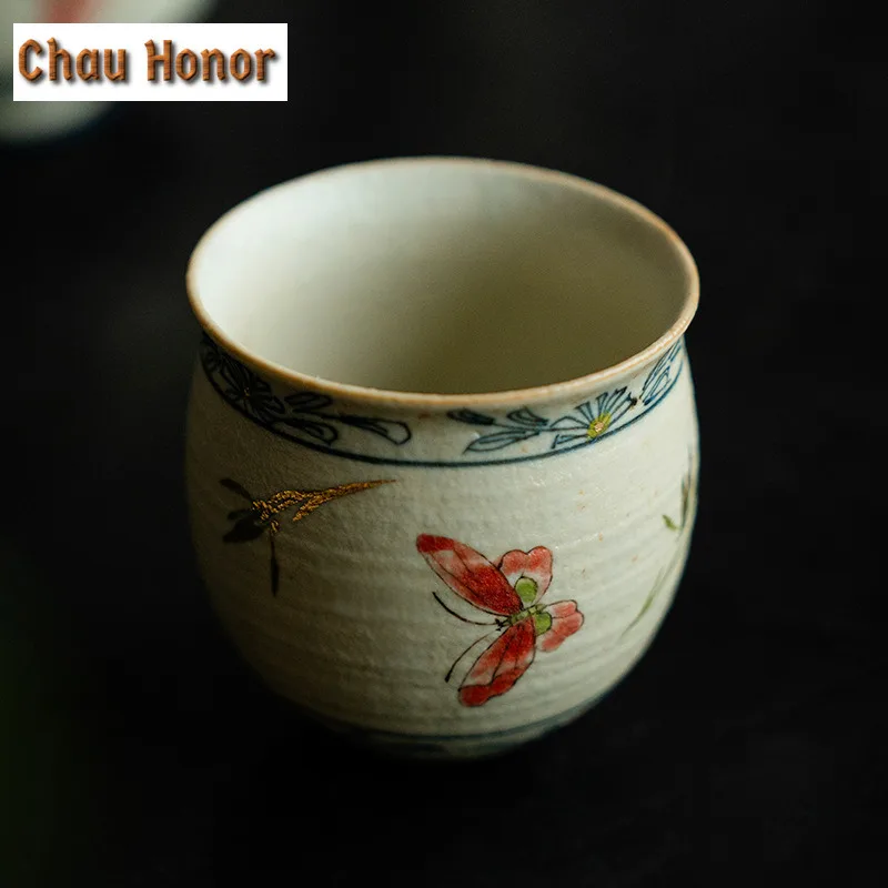 90ml High-end Blue And White Flint Red Teacup Handmade Gold Drawing Butterfly Orchid Master Cup Personal Egg Shape Coffee Mug
