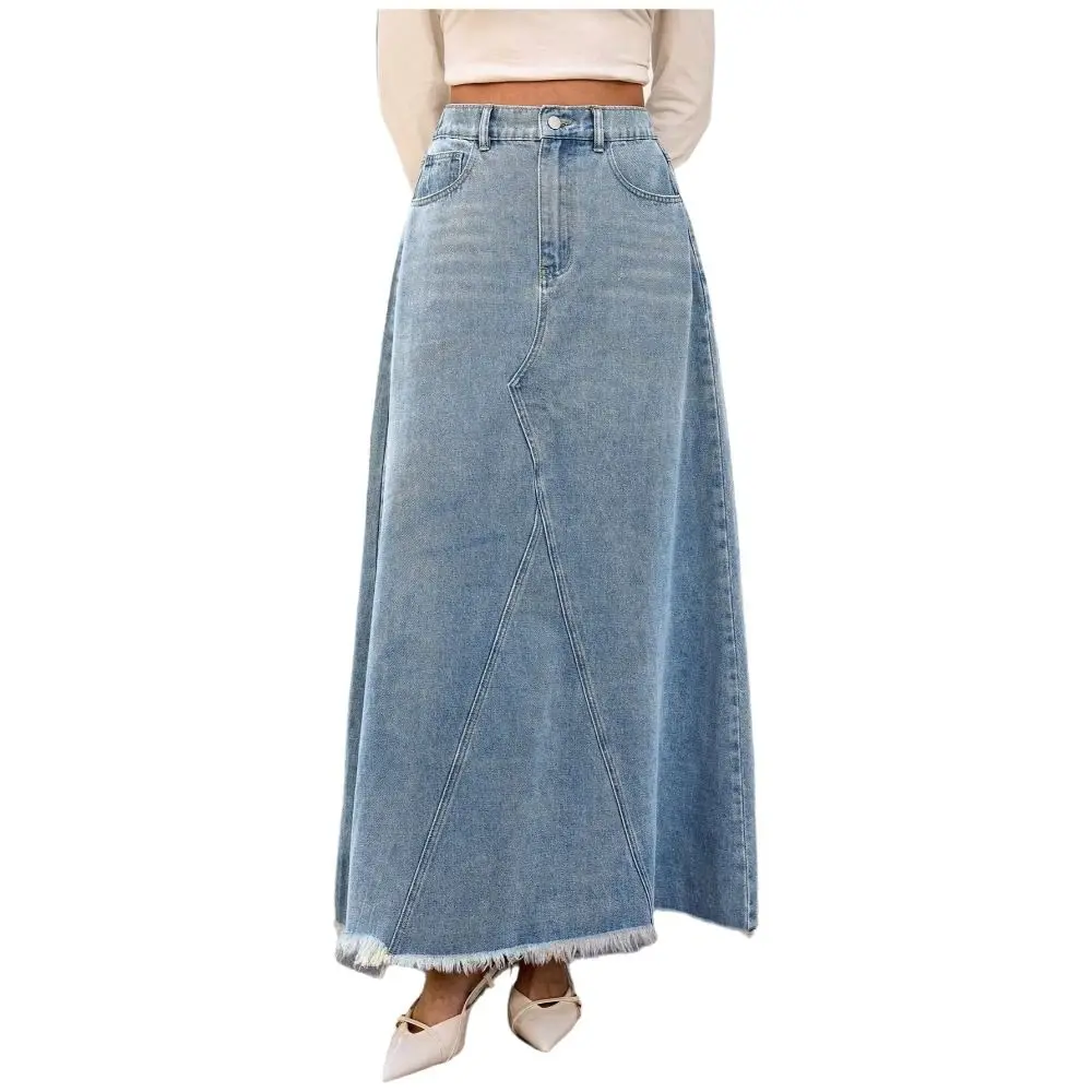 Jupe longue en jean délavé bleu classique pour femme, taille élastique, coupe trapèze décontractée, idéale pour l'été et le quotidien