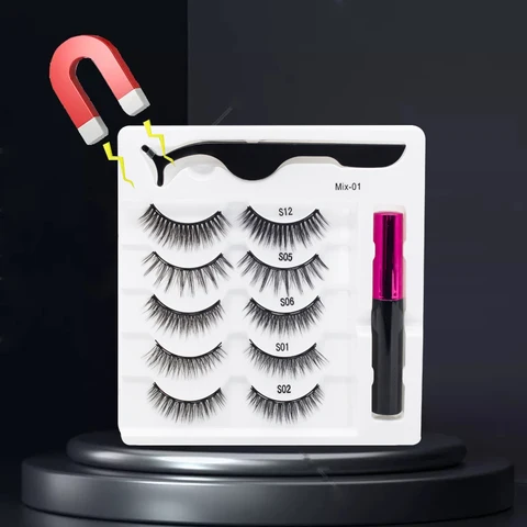 3/5/7Pairs Magnetic Eyelashes False Lashes Repeated Use Eyelashes Waterproof Liquid Eyeliner With Tweezer Makeup Set