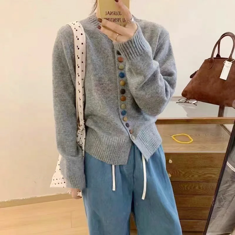 Color Button Crew Neck Long Sleeve Knitted Sweater Women's Autumn Top Lazy Wind Loose Foreign Sweater Cardigan