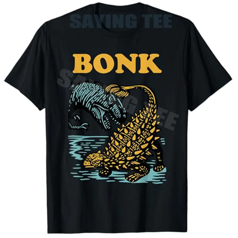 Bonk Dinosaurier Lustiges prähistorisches Humor-Design-T-Shirt Dino-Fans Y2k Art Ästhetische Kleidung Ankylosaurus Tail Strike Graphic Tees