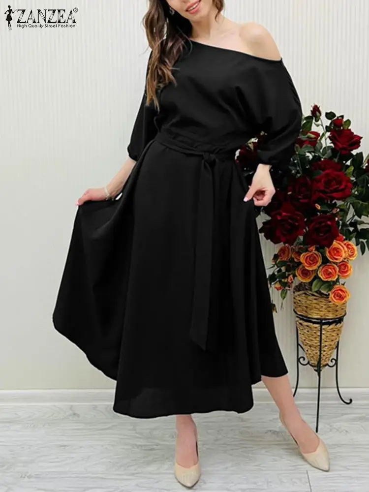 

Casual Off Shoulder Waisted Robe ZANZEA Women Long Dress Elegant 3/4 Sleeve Maxi Dresses 2023 Autumn Fashion Pocket Vestidos