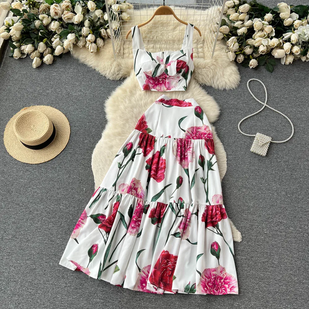 Runway Summer Maxi Skirt Top Suit Two Pieces Womens Outfits Fashion Floral Print Spaghetti Strap Holiday Beach Dress Set M530